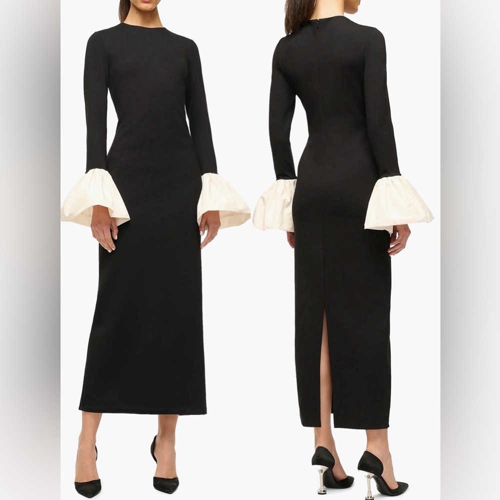 NEW STAUD Hawthorne Black Cream Bell Sleeve Maxi formal Dress black ivory sz XS - Picture 1 of 8